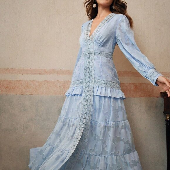 Baby Blue Elegant Women's French Style Ruched V-Neck Puff Sleeve Maxi Dress - Picture 3 of 6